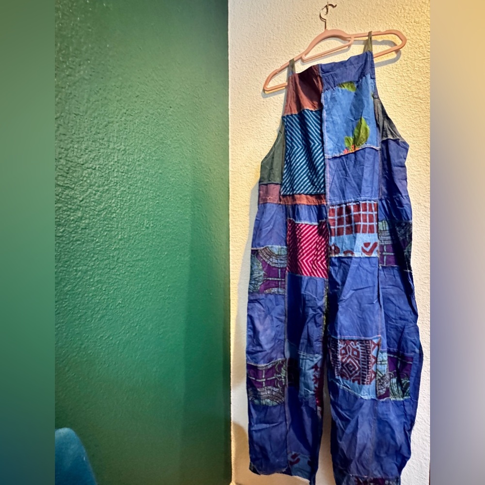 Ashley Taylor Patchwork Overalls Jumpsuit Boho Hippie One Size 100% Cotton NWT - Picture 3 of 9